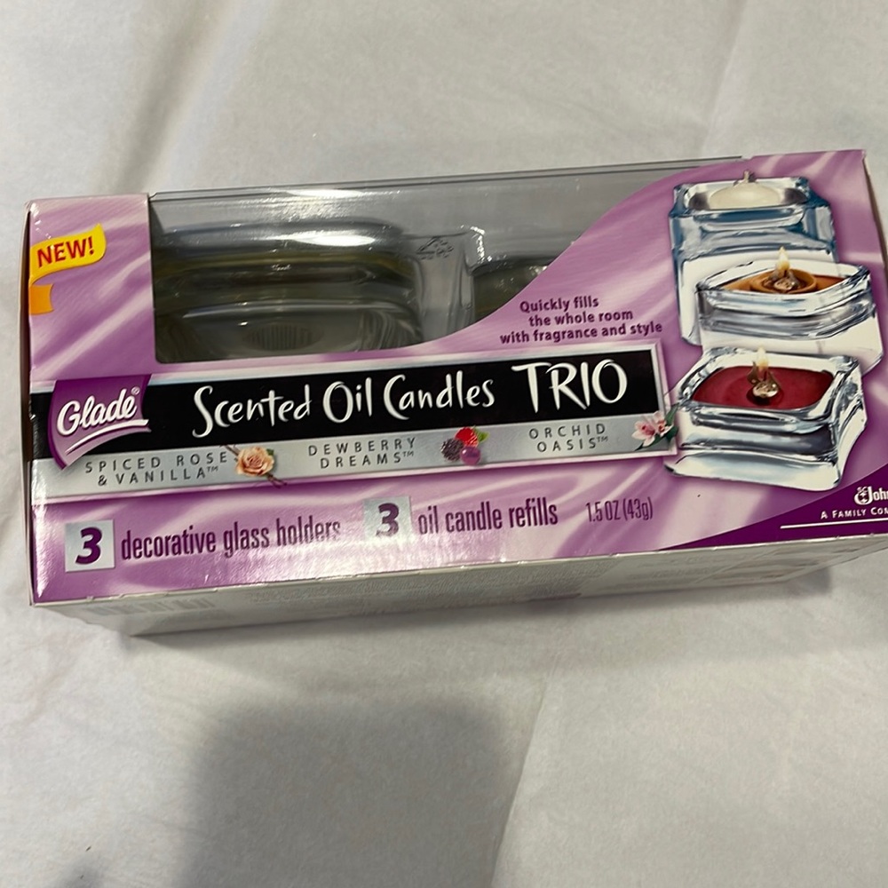GLADE Scented Oil Candles Trio Glass Holders Spiced Rose, Dewberry, Orchid NIB